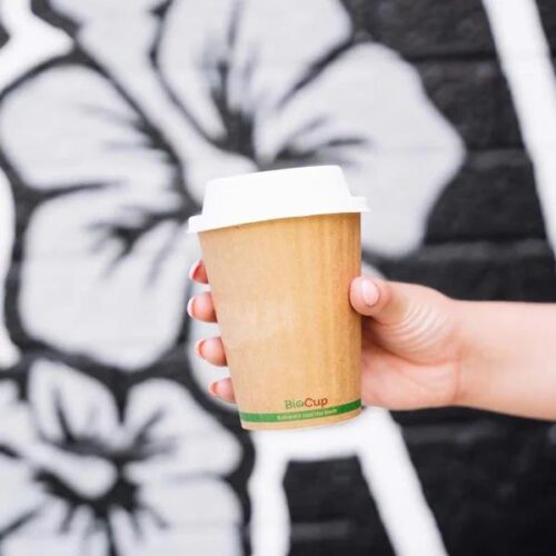 Double Wall Takeaway Coffee Cup 390ml / 12oz (90mm) BioCup Kraft Green Stripe