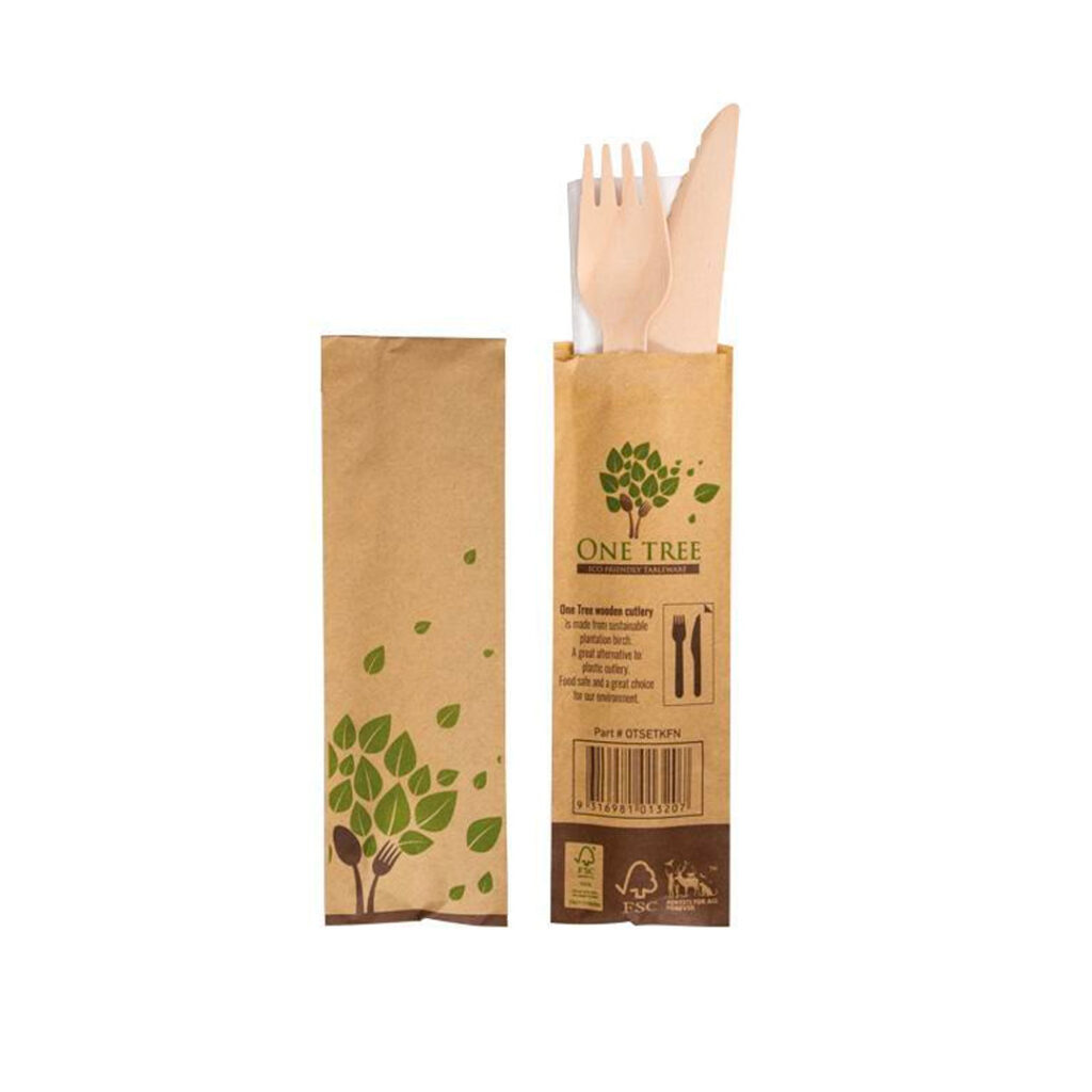 Wooden Disposable Cutlery Pack w/ 160mm Knife, Fork, Napkin