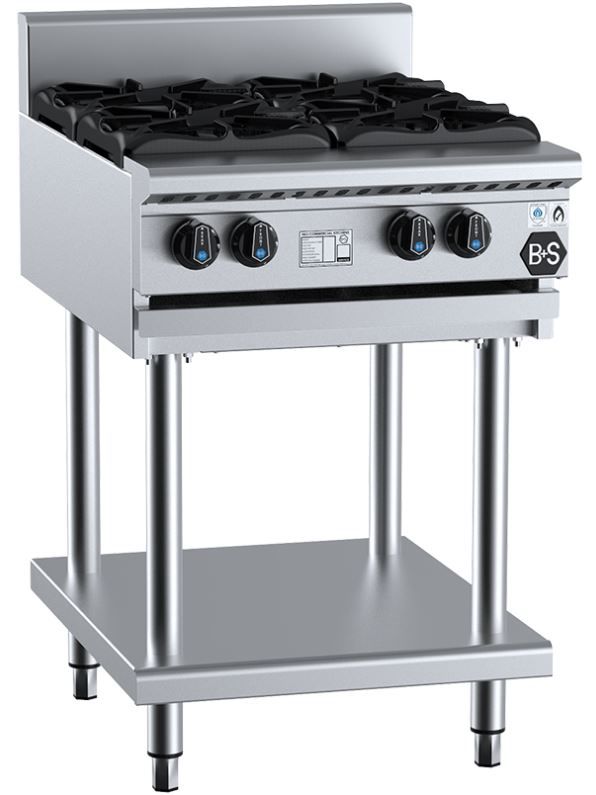 B+S Black Series Gas Cooktop On Stand 4 Burners 600mm 124Mj/h NG 100 Mj/h LPG