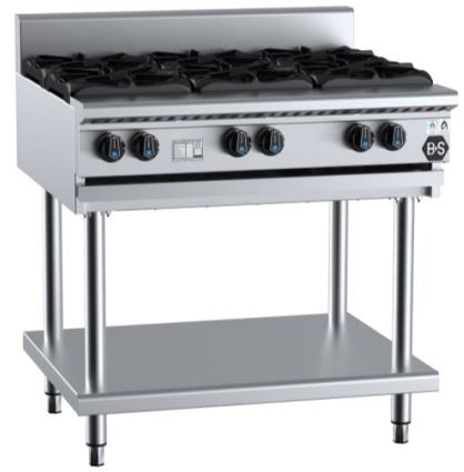 B+S Black Series Gas Cooktop On Stand 6 Burners 900mm 186 Mj/h NG 150 Mj/h LPG