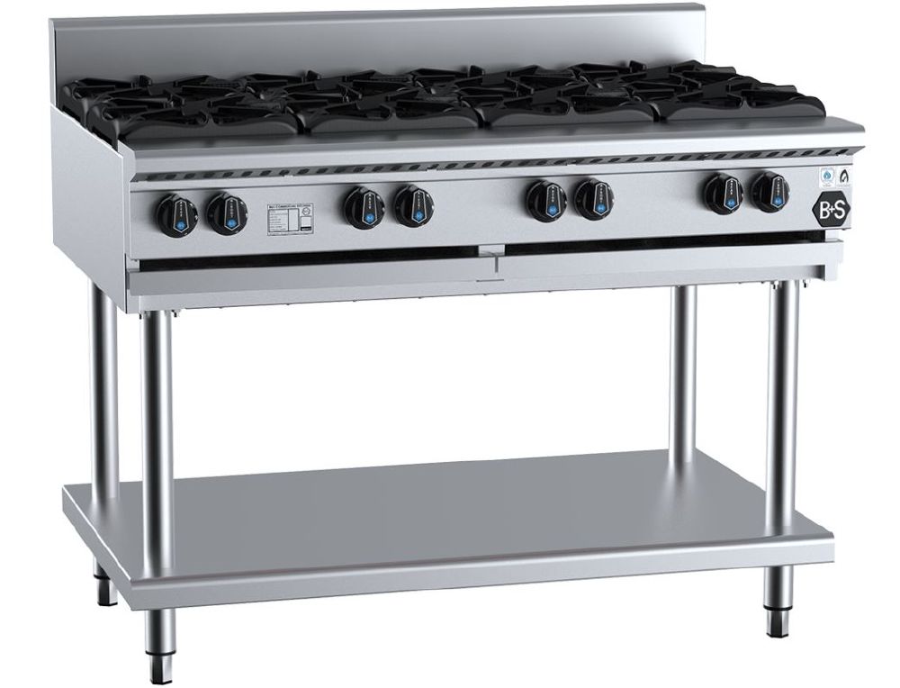 B+S Black Series Gas Cooktop On Stand 8 Burners 1200mm 248Mj/h NG 200Mj/h LPG