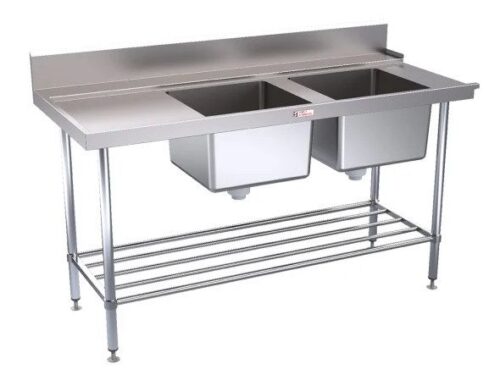 Simply Stainless Double Sink Dishwasher Inlet Bench with Splashback 600mm Deep - Various Sizes Available