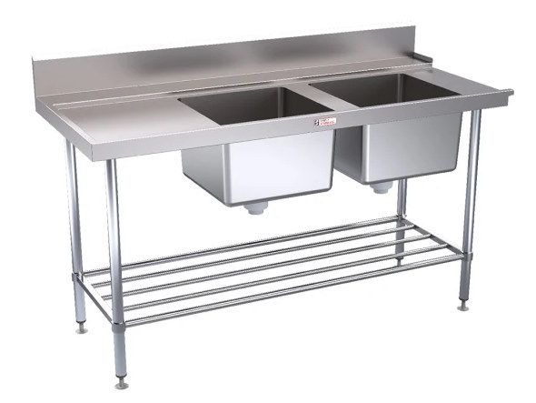 Simply Stainless Double Sink Dishwasher Inlet Bench with Splashback 600mm Deep - Various Sizes Available