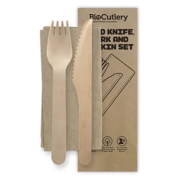Wooden Knife, Fork & Napkin Set 160mm Biopak