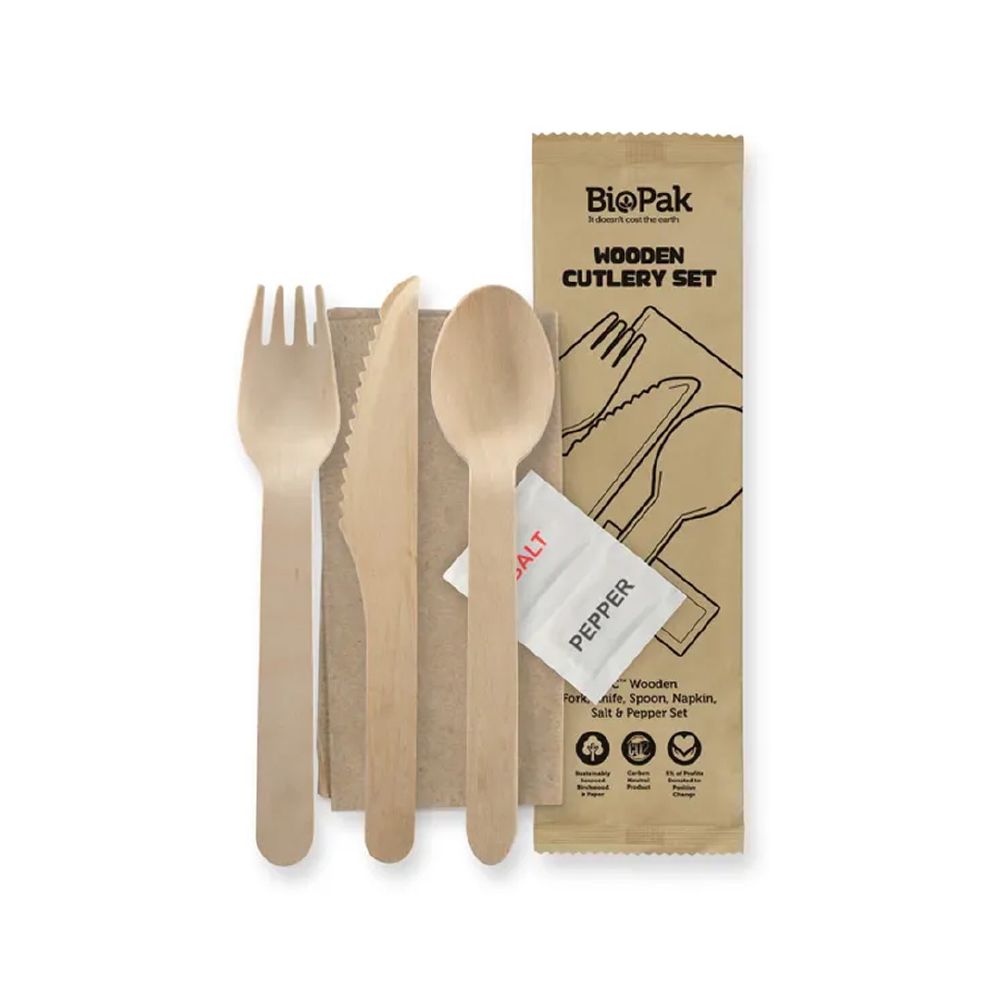 Cutlery Pack w/ Knife, Fork, Spoon, Napkin, Salt & Pepper 160mm Wooden