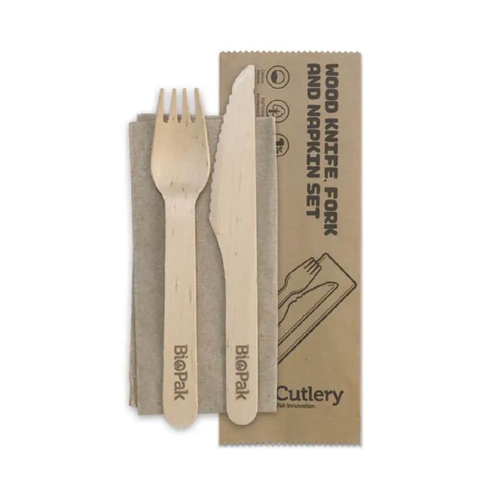 Cutlery Pack Coated w/ Knife, Fork,Napkin 160mm Wooden