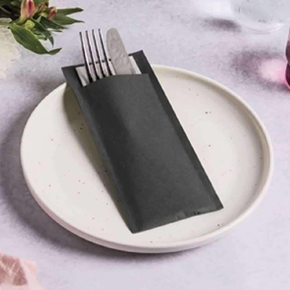 Cutlery Pouch Black W/ White Napkin