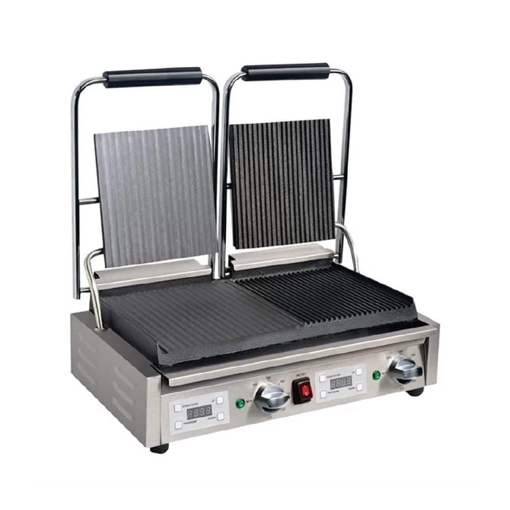 Apuro Contact Grill 540x395x210mm 2.9kw 12.6amp Double Half Plate - Flat/Ribbed