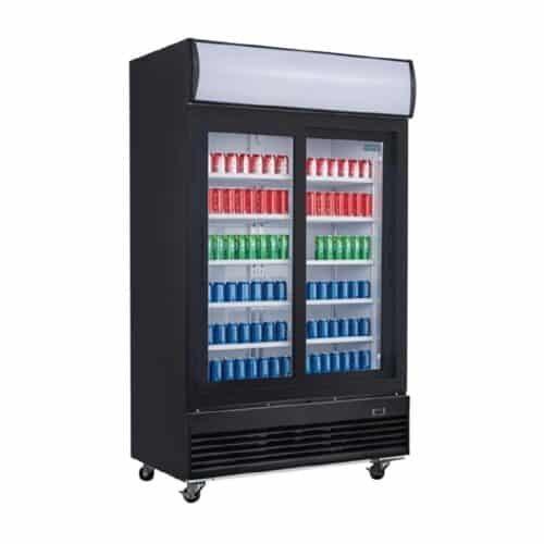 Polar Upright Display Cooler w/ Light Box Double Sliding Door - Black