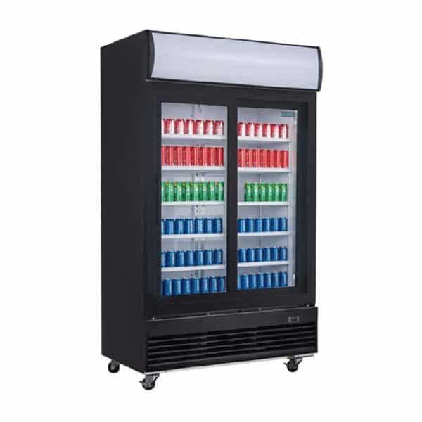 URGM814A Polar Upright Display Cooler w/ Light Box Double Sliding Door - Black