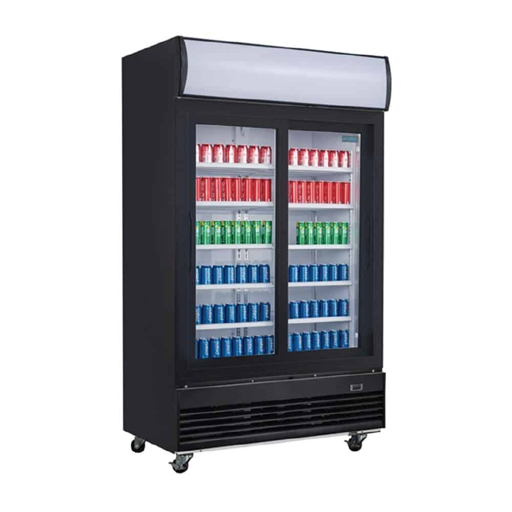 Polar Upright Display Cooler w/ Light Box Double Sliding Door - Black