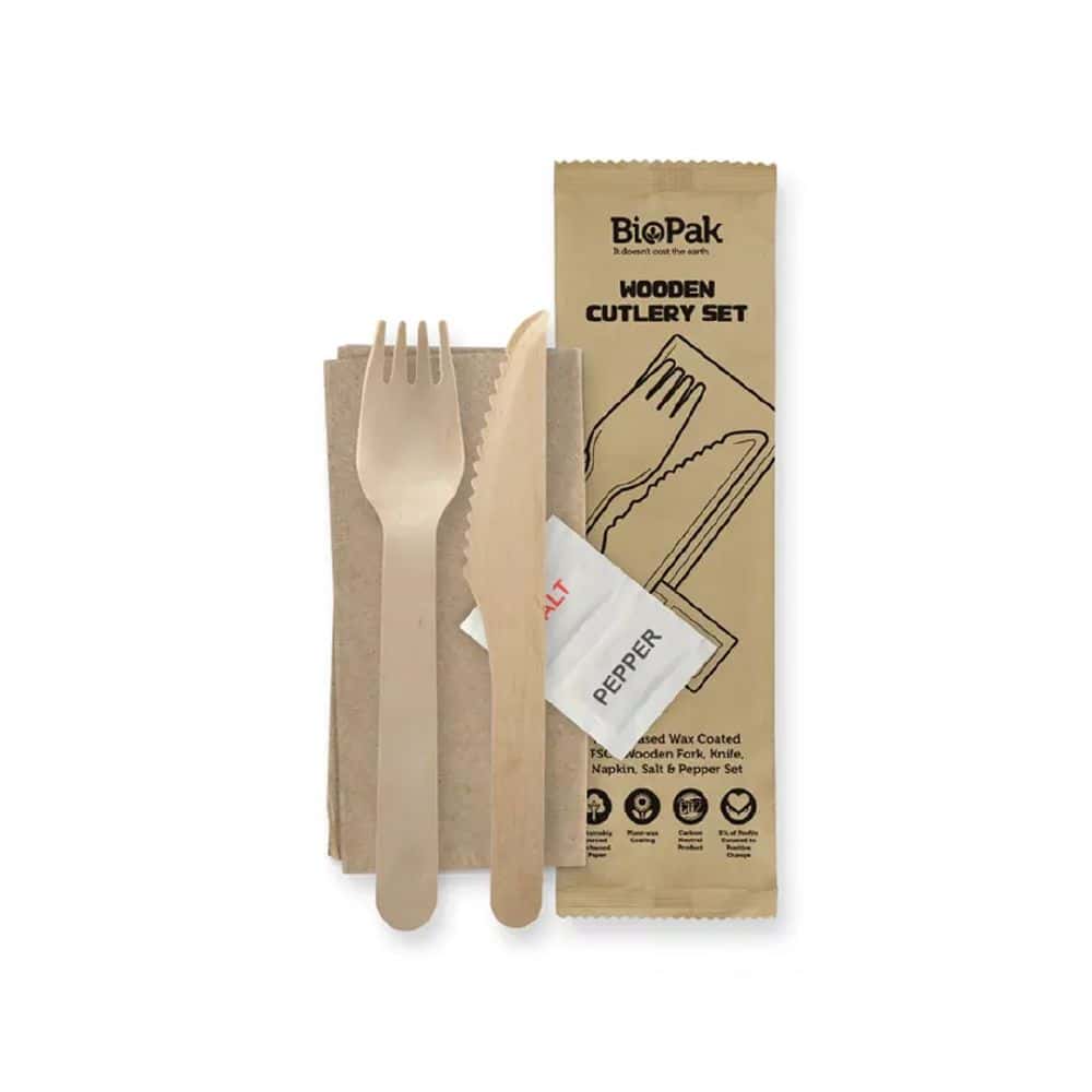 Wooden Knife, Fork, Napkin, Salt & Pepper Set 160mm Uncoated BioPak