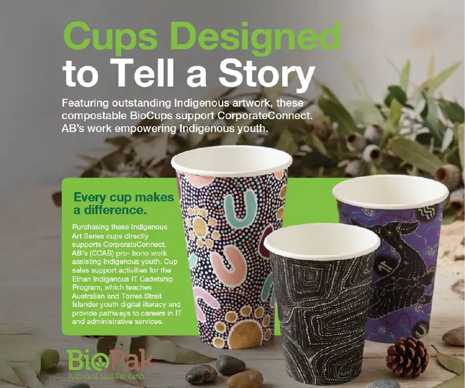 Three disposable cups with vibrant Indigenous artwork on a green promotional panel advertising BioPak's Indigenous art program.