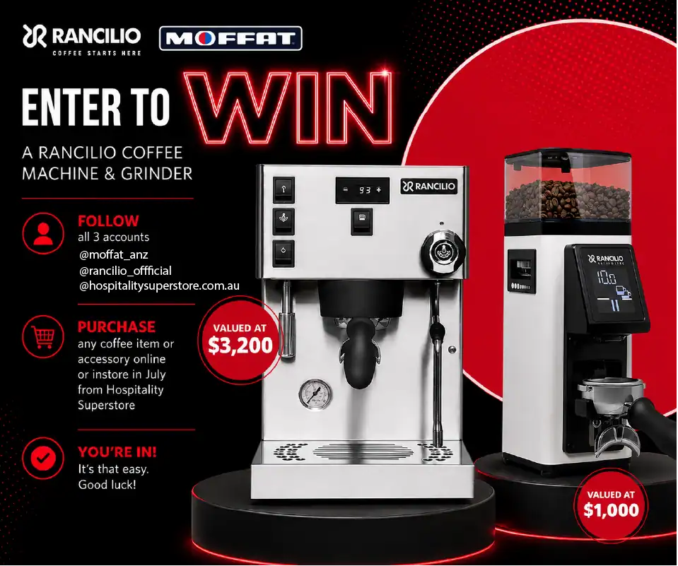 Promotional banner for a coffee‑machine giveaway featuring a Rancilio espresso machine and grinder on a black/red background; prize values $3,200 and $1,000, plus social handles and purchase instructions.